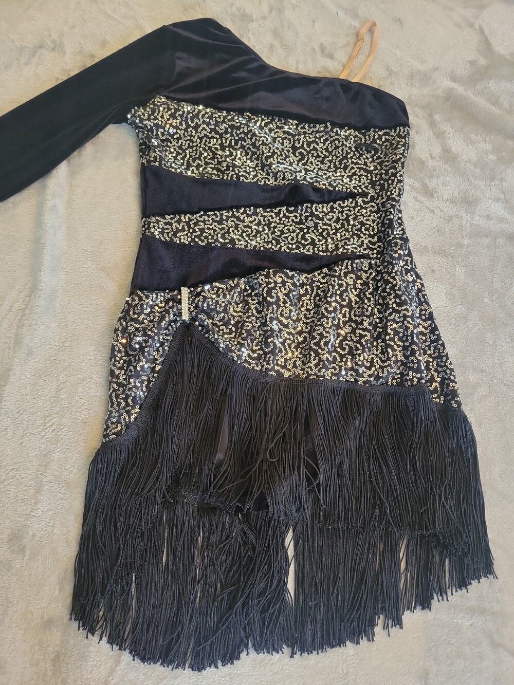 Women's Small Dance Costume One Shoulder Bling Fringe USA Made Black Silver
